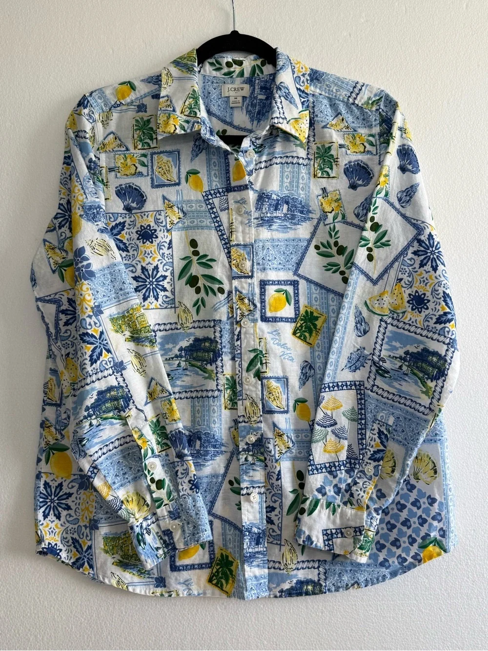 J.Crew Linen Blend Blue Tile Lemon Dolce Vita Amalfi Print Shirt Women M